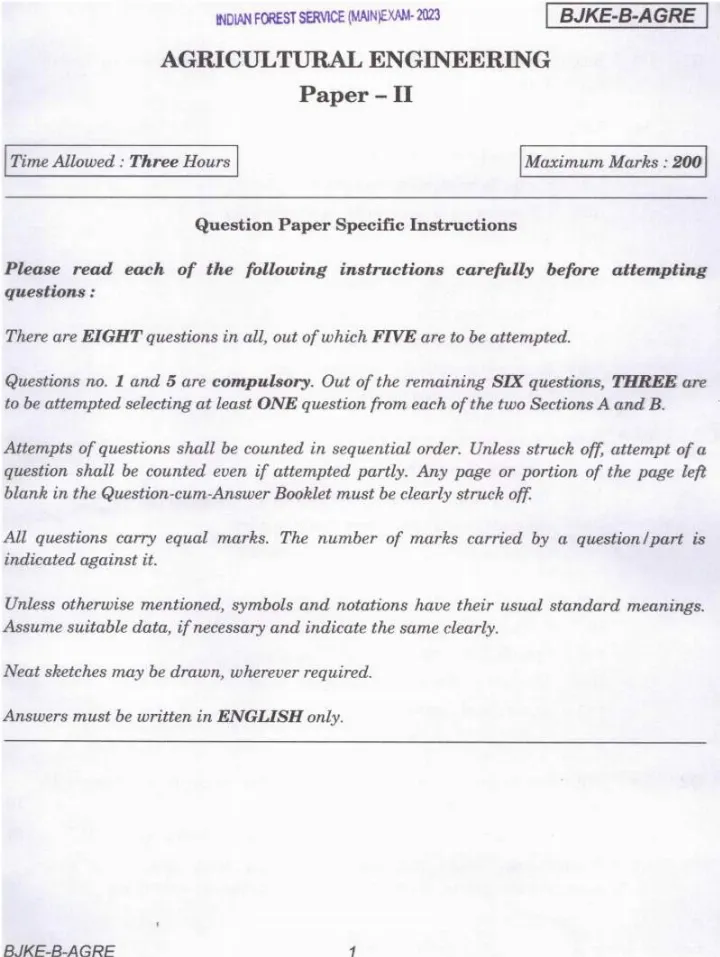 Indian Forest Service Main Examination 2023 Agricultural Engineering Paper II page 1 instructions scan PDF download UPSC