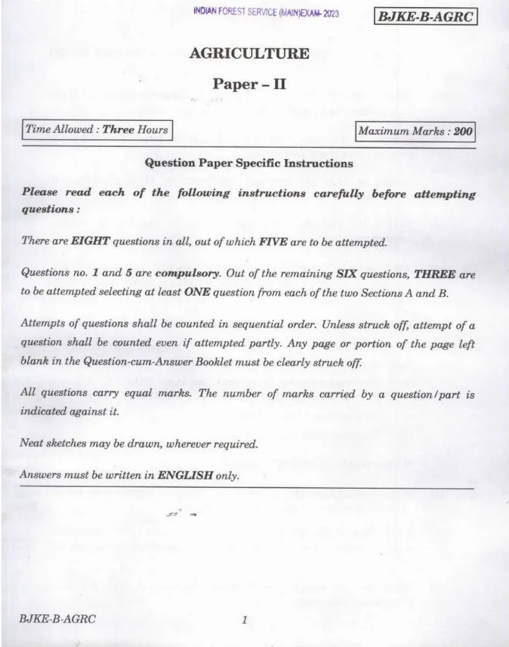 Indian Forest Service (Main) Examination 2023 Agriculture Paper II page 1 instructions scan PDF download UPSC