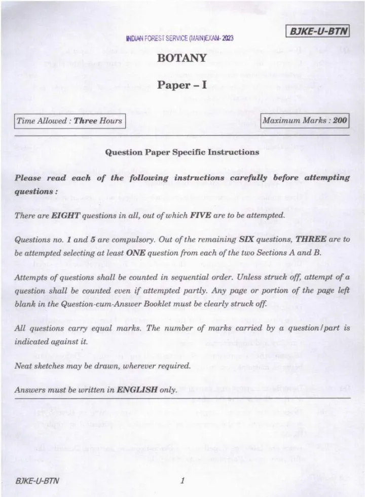 Indian Forest Service Main 2023 Botany Paper I question paper page 1 instructions scan PDF download UPSC