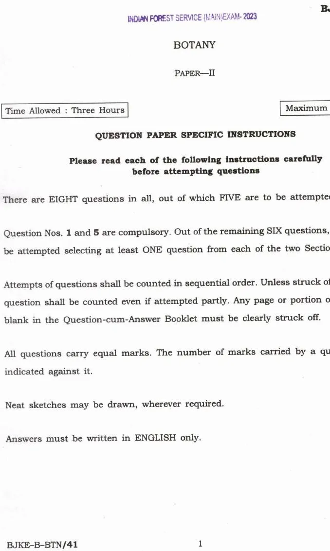 Indian Forest Service (Main) Examination 2023 Botany Paper II question paper page 1 instructions scan PDF download. UPSC IFS Mains 2023 Botany Paper II exam details.