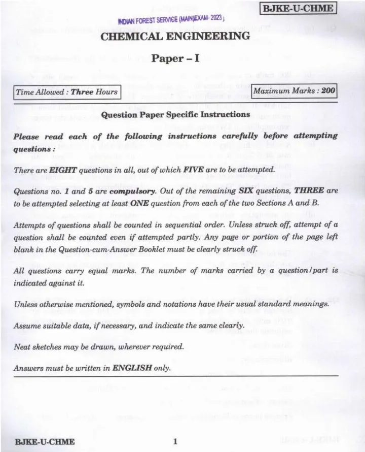 Indian Forest Service (Main) Examination 2023 Chemical Engineering Paper I page 1 instructions and header scan. UPSC IFS exam previous year paper PDF download.
