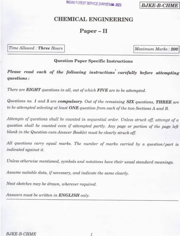 Indian Forest Service Main Examination 2023 Chemical Engineering Paper II page 1 instructions scan PDF download