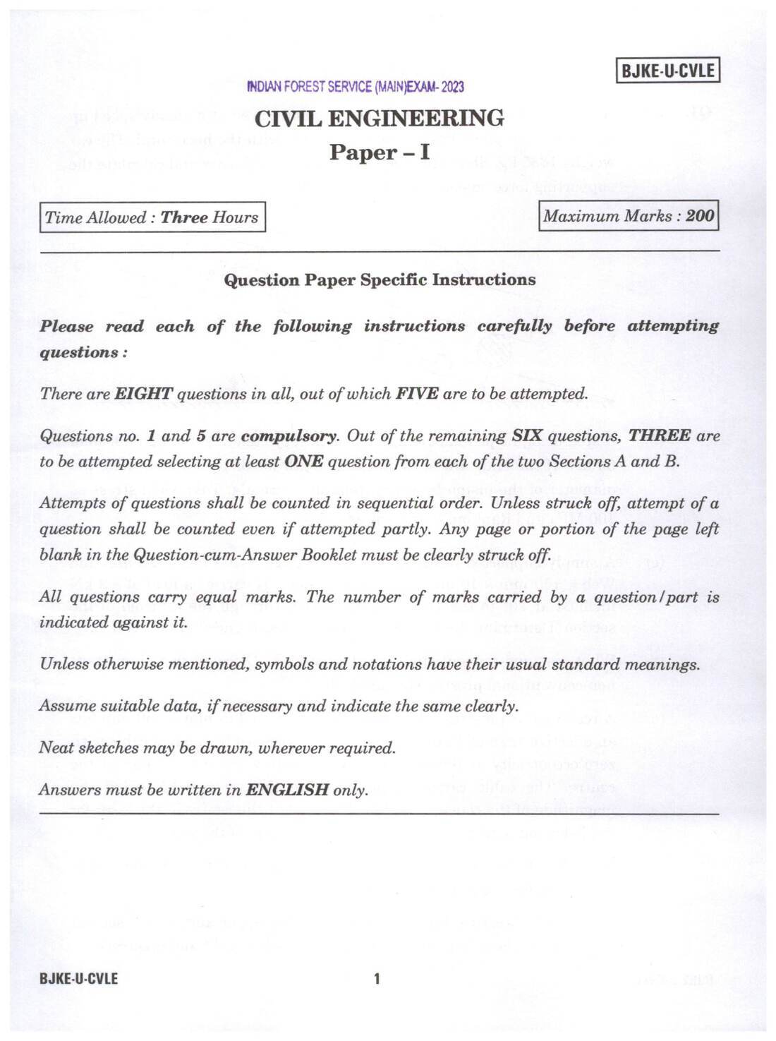 Indian Forest Service (Main) Examination 2023 Civil Engineering Paper I question paper page 1 scan showing exam instructions and header. UPSC IFS 2023 Civil Engineering Paper I PDF download.
