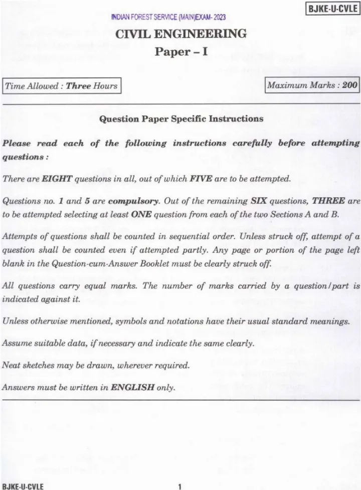 Indian Forest Service (Main) Examination 2023 Civil Engineering Paper I question paper page 1 scan showing exam instructions and header. UPSC IFS 2023 Civil Engineering Paper I PDF download.