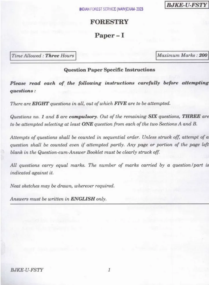 Indian Forest Service Main 2023 Forestry Paper I question paper page 1 instructions scan PDF download UPSC