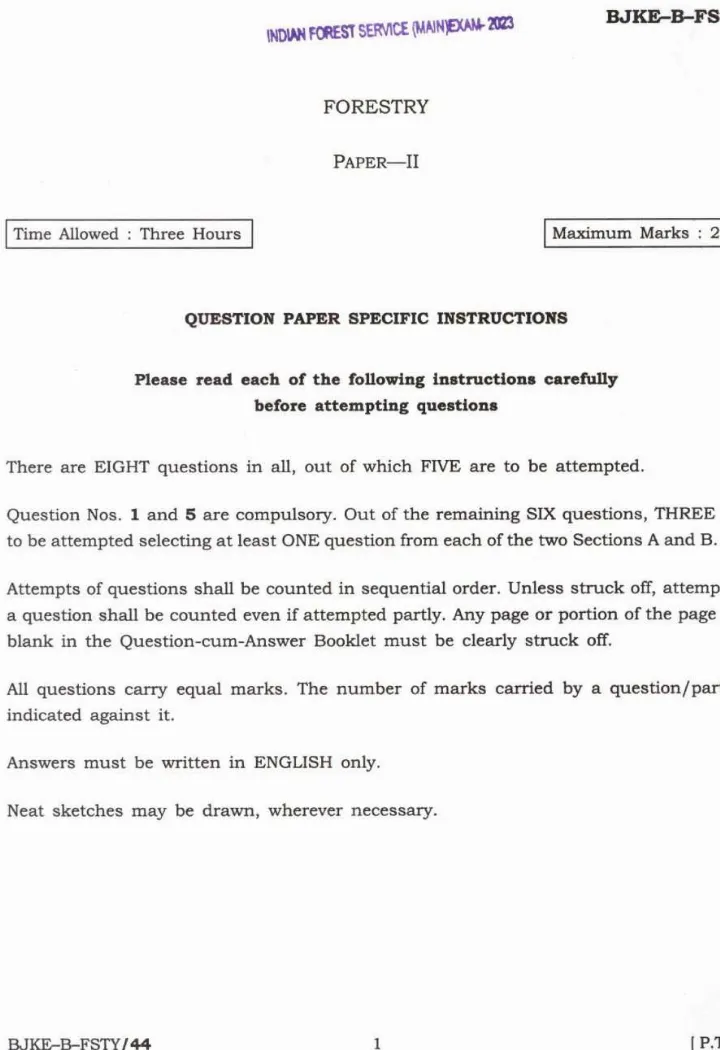 IFS Main 2023 Forestry Paper II question paper page 1 instructions scan PDF download UPSC