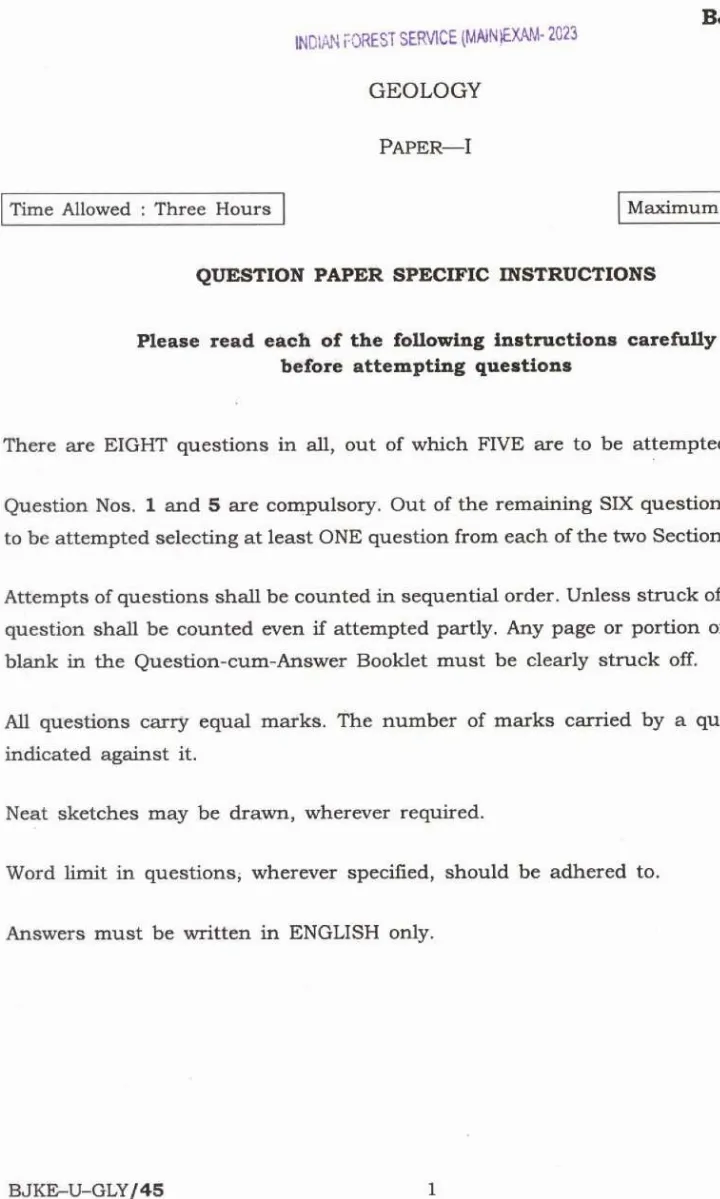 Indian Forest Service 2023 Main Examination Geology Paper I question paper page 1 instructions scan PDF download UPSC
