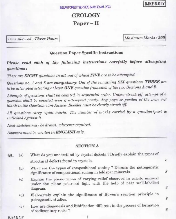 Indian Forest Service Main Examination 2023 Geology Paper II question paper page 1 instructions scan PDF download