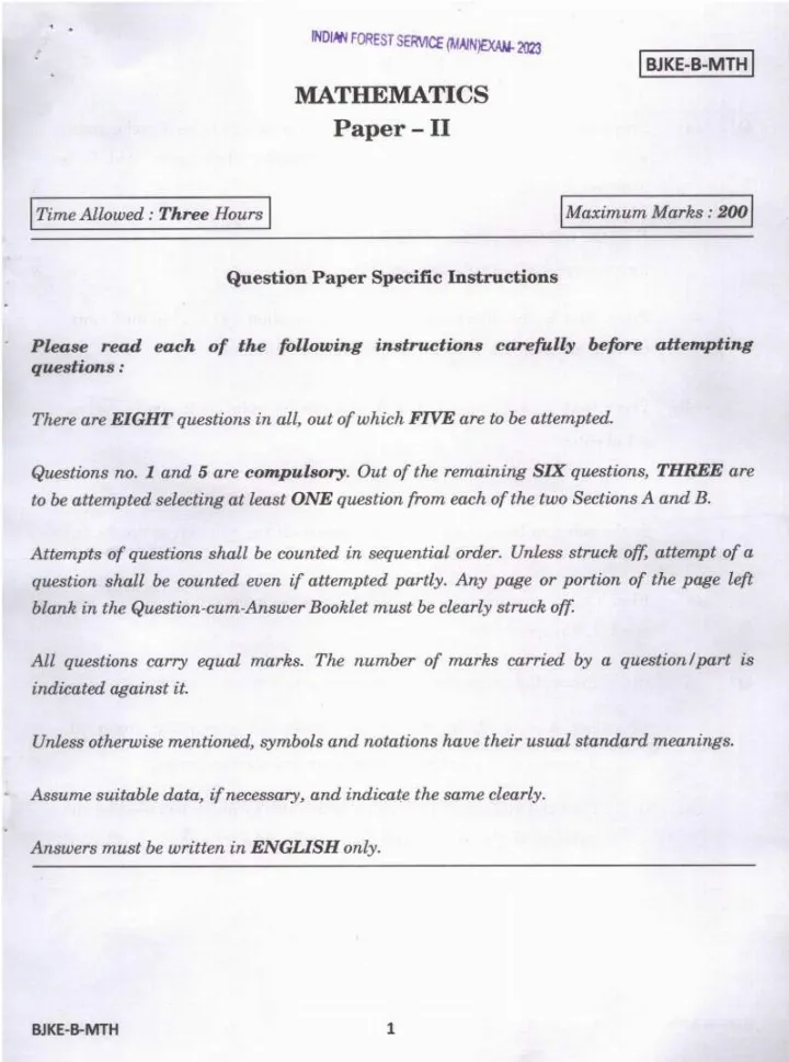 Indian Forest Service (Main) Examination 2023 Mathematics Paper II question paper page 1 instructions scan PDF download UPSC
