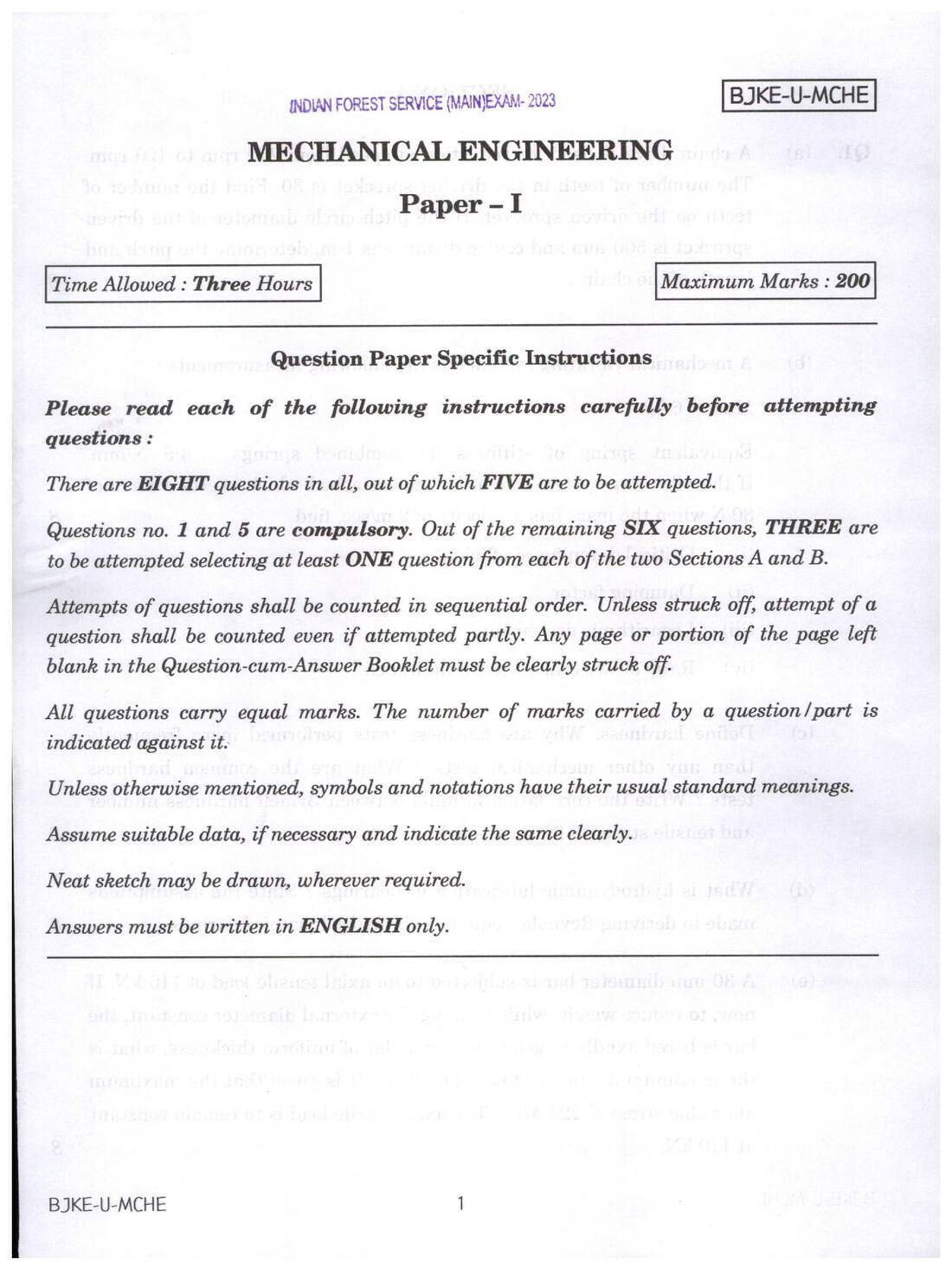 Indian Forest Service (Main) Examination 2023 Mechanical Engineering Paper I question paper page 1 instructions scan PDF download