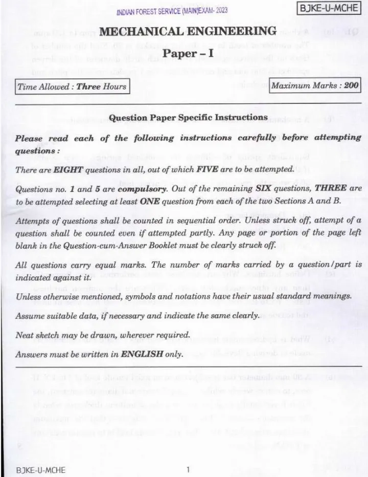Indian Forest Service (Main) Examination 2023 Mechanical Engineering Paper I question paper page 1 instructions scan PDF download