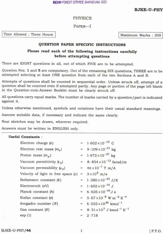 Indian Forest Service (Main) Examination 2023 Physics Paper I question paper page 1 instructions scan PDF download. UPSC IFS 2023 Physics Paper I instructions and useful constants.
