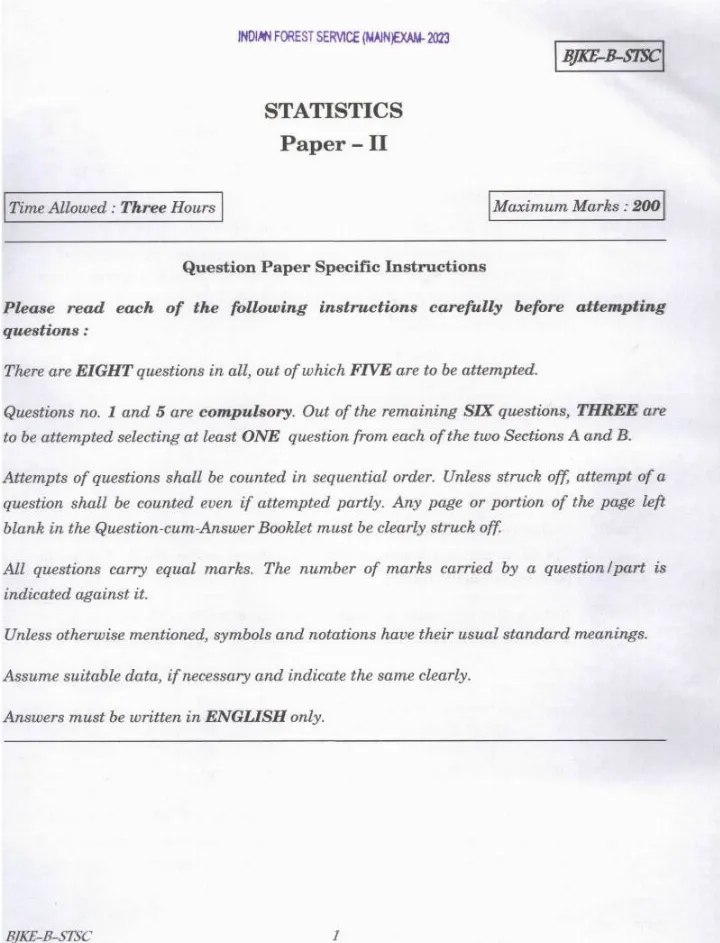 Indian Forest Service Main 2023 Statistics Paper II question paper page 1 instructions and exam header scan PDF download