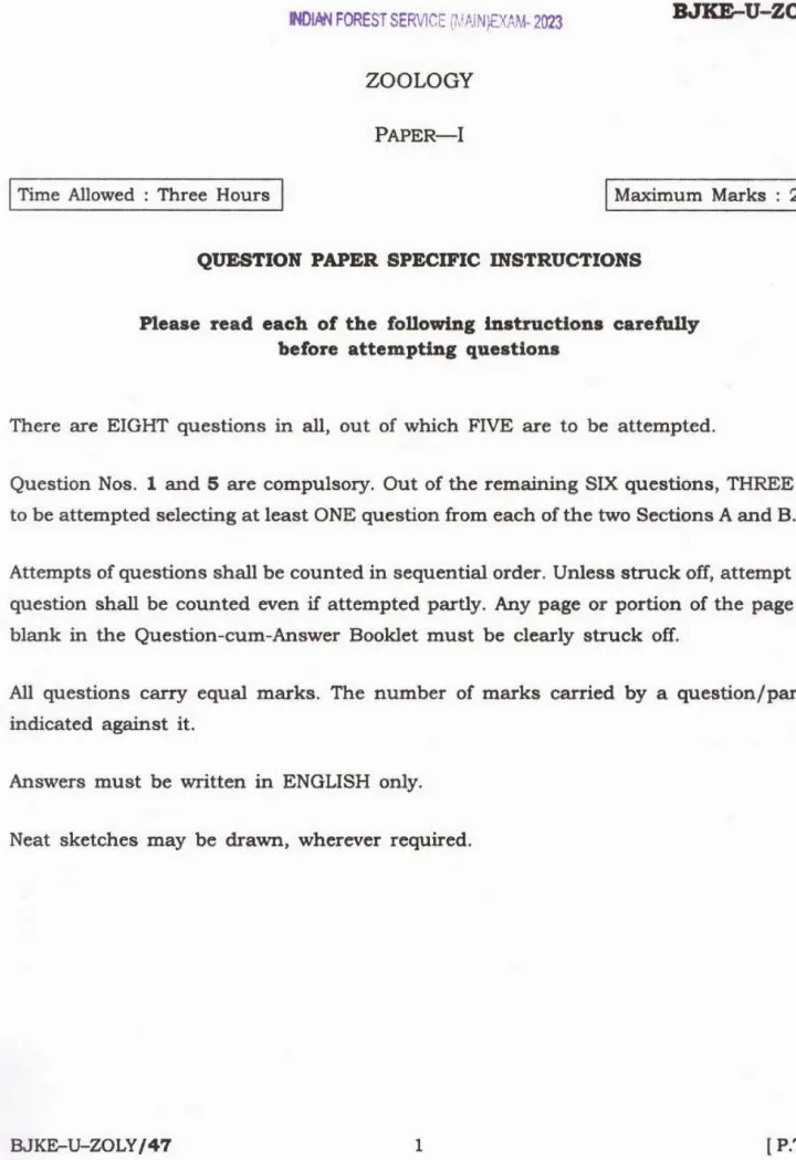 Indian Forest Service (Main) Examination 2023 Zoology Paper I question paper page 1 instructions scan PDF download UPSC