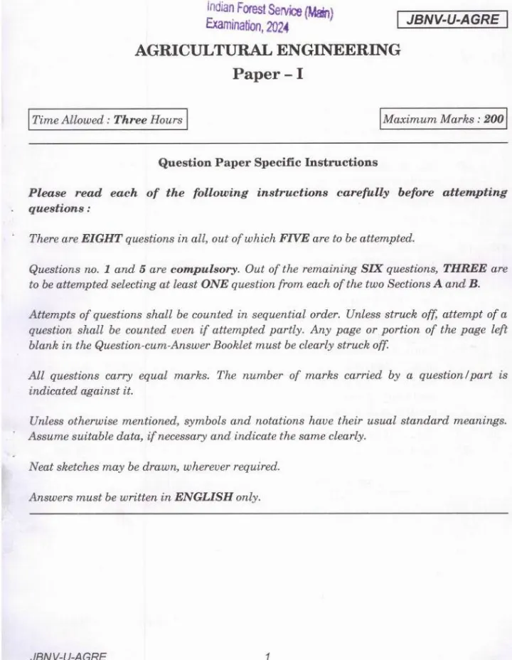 Indian Forest Service 2024 Agricultural Engineering Paper I question paper page 1 instructions scan PDF download UPSC IFS Main Exam