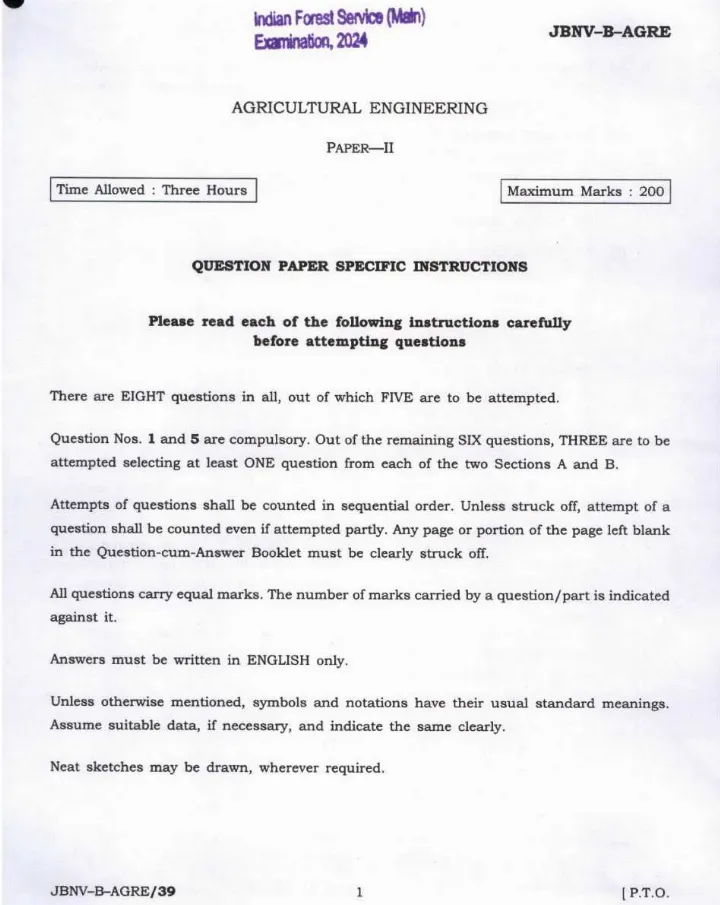 Indian Forest Service (Main) Examination 2024 Agricultural Engineering Paper II page 1 instructions scan PDF download