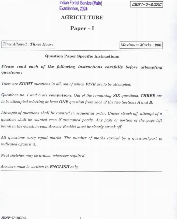 Indian Forest Service (Main) Examination 2024 Agriculture Paper I question paper page 1 instructions scan PDF download UPSC