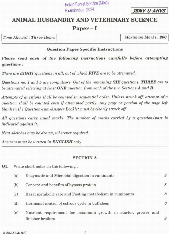 Indian Forest Service (Main) Examination 2024 Animal Husbandry and Veterinary Science Paper - I page 1 instructions scan PDF download
