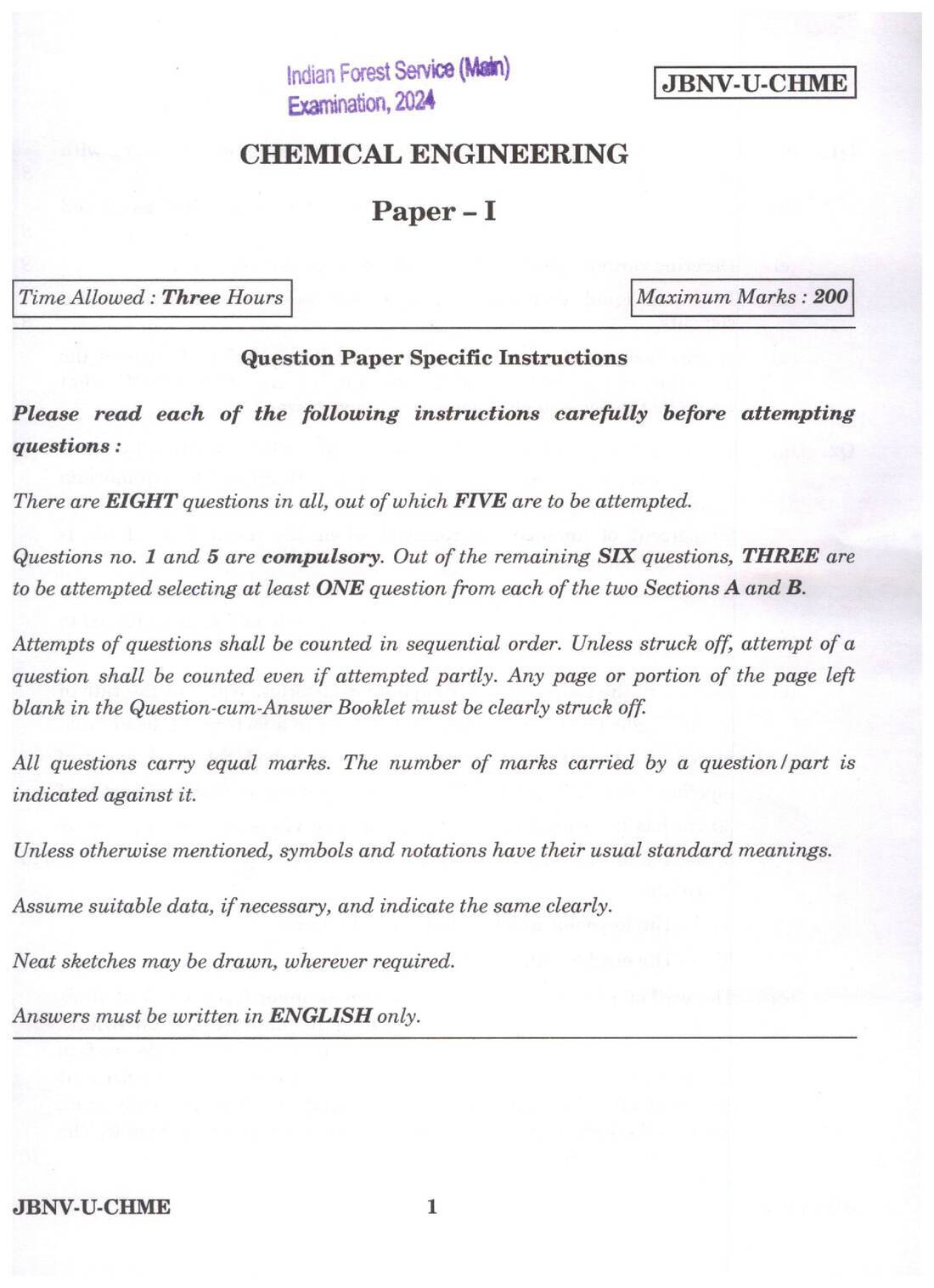 Indian Forest Service Main 2024 Chemical Engineering Paper I question paper page 1 instructions scan PDF download