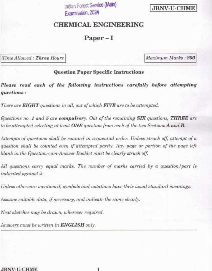 Indian Forest Service Main 2024 Chemical Engineering Paper I question paper page 1 instructions scan PDF download