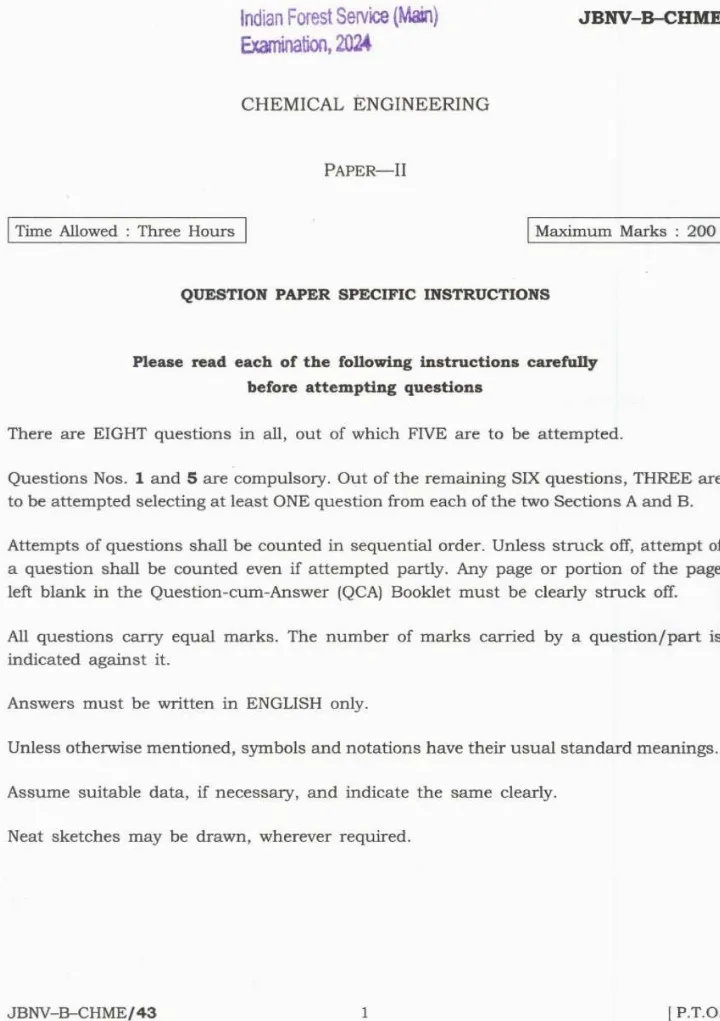 Indian Forest Service Main Examination 2024 Chemical Engineering Paper II page 1 instructions scan PDF download UPSC
