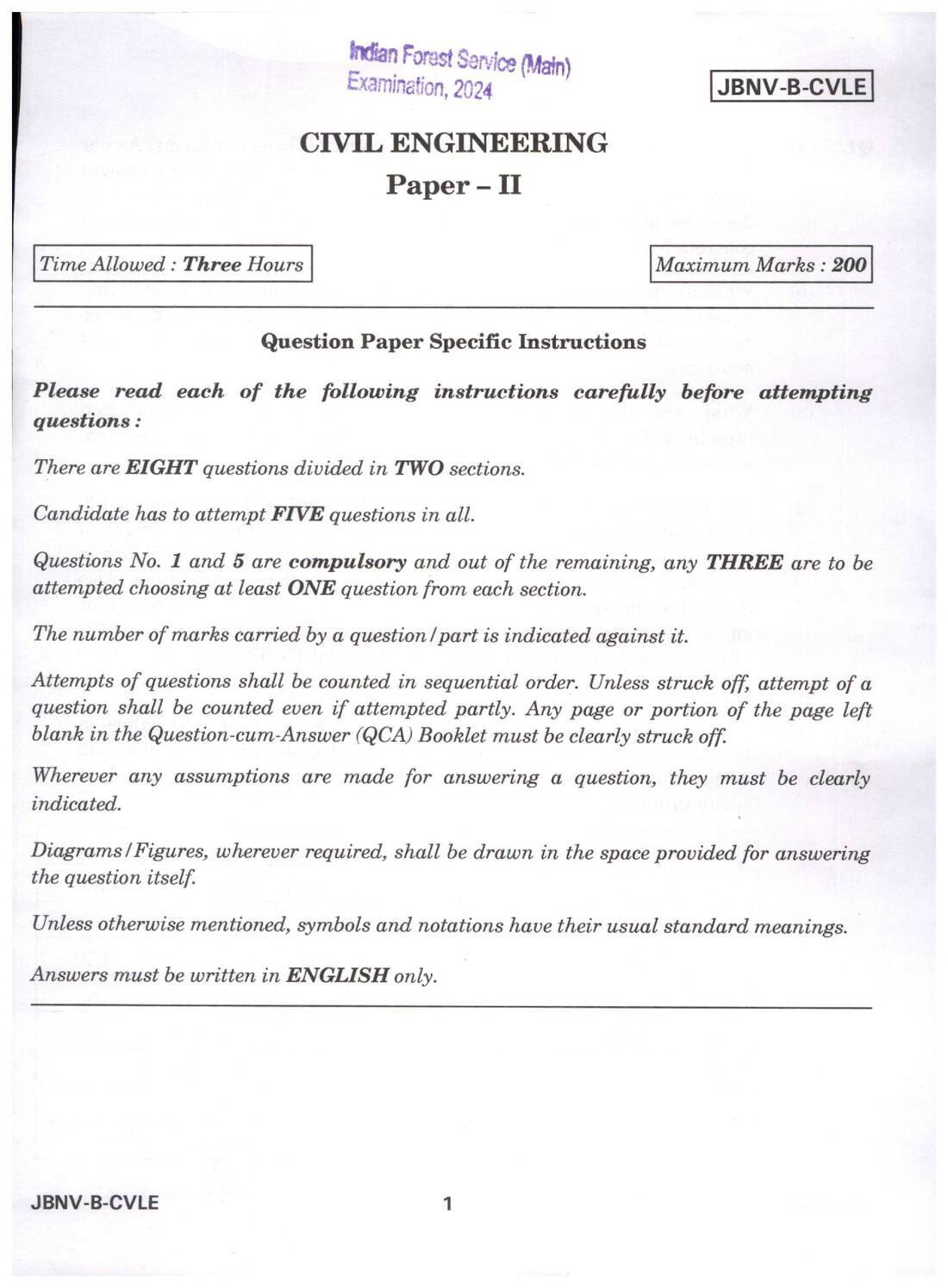 Indian Forest Service (Main) Examination 2024 Civil Engineering Paper II page 1 instructions scan PDF download UPSC