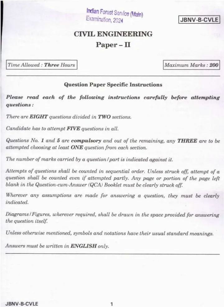 Indian Forest Service (Main) Examination 2024 Civil Engineering Paper II page 1 instructions scan PDF download UPSC
