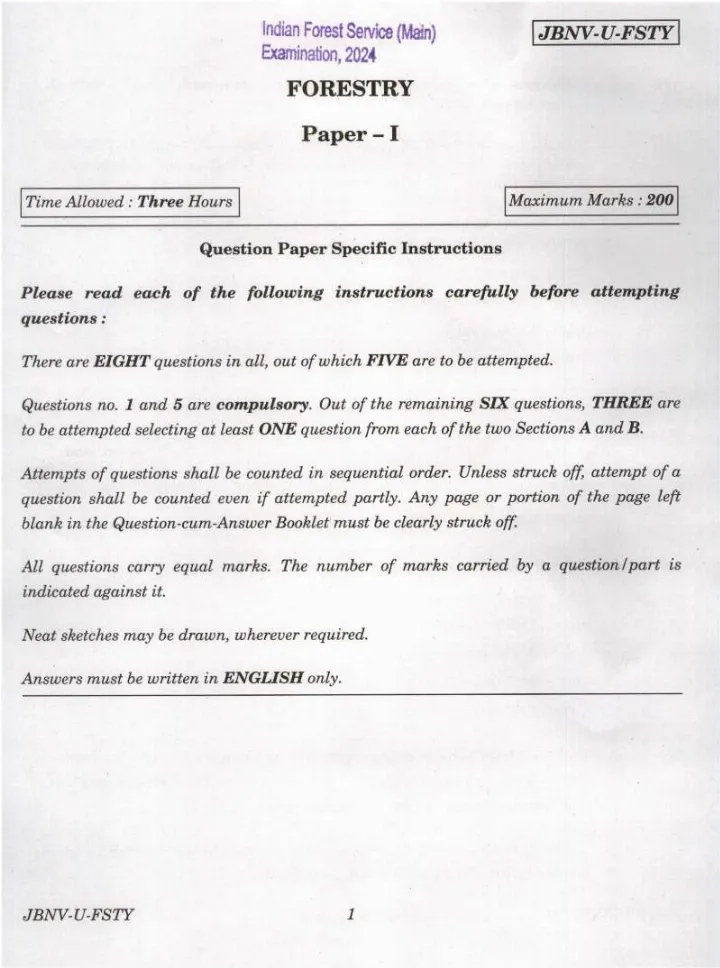 Indian Forest Service Main Examination 2024 Forestry Paper I question paper page 1 instructions scan PDF download