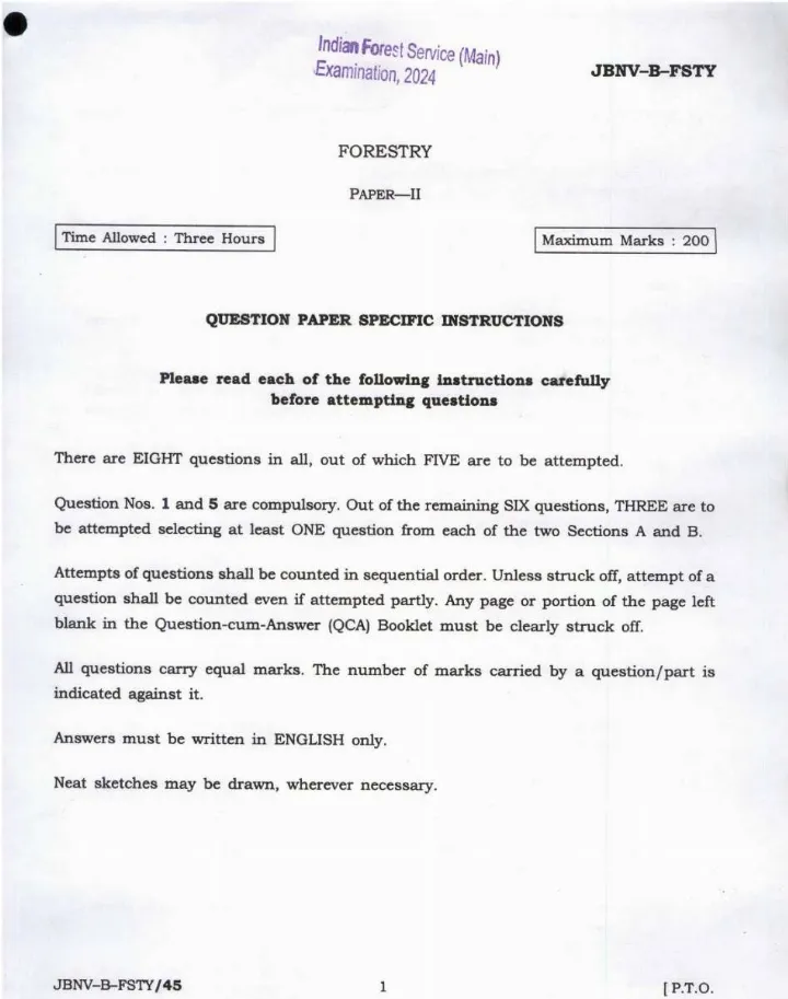 Indian Forest Service Main Examination 2024 Forestry Paper II page 1 instructions scan PDF download