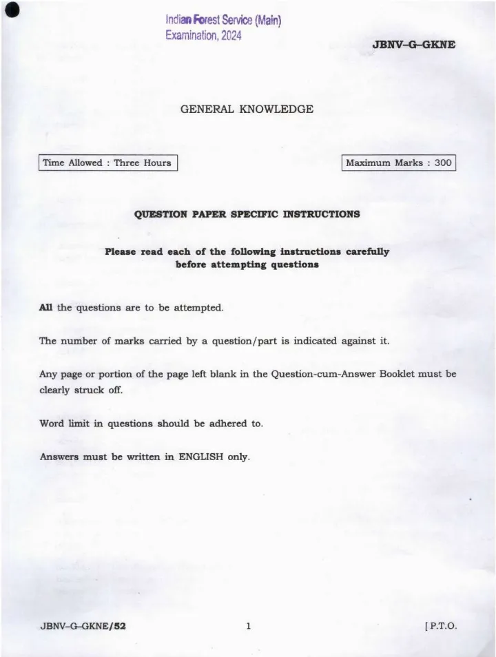 Indian Forest Service Main 2024 General Knowledge question paper page 1 instructions scan PDF download UPSC IFS Exam