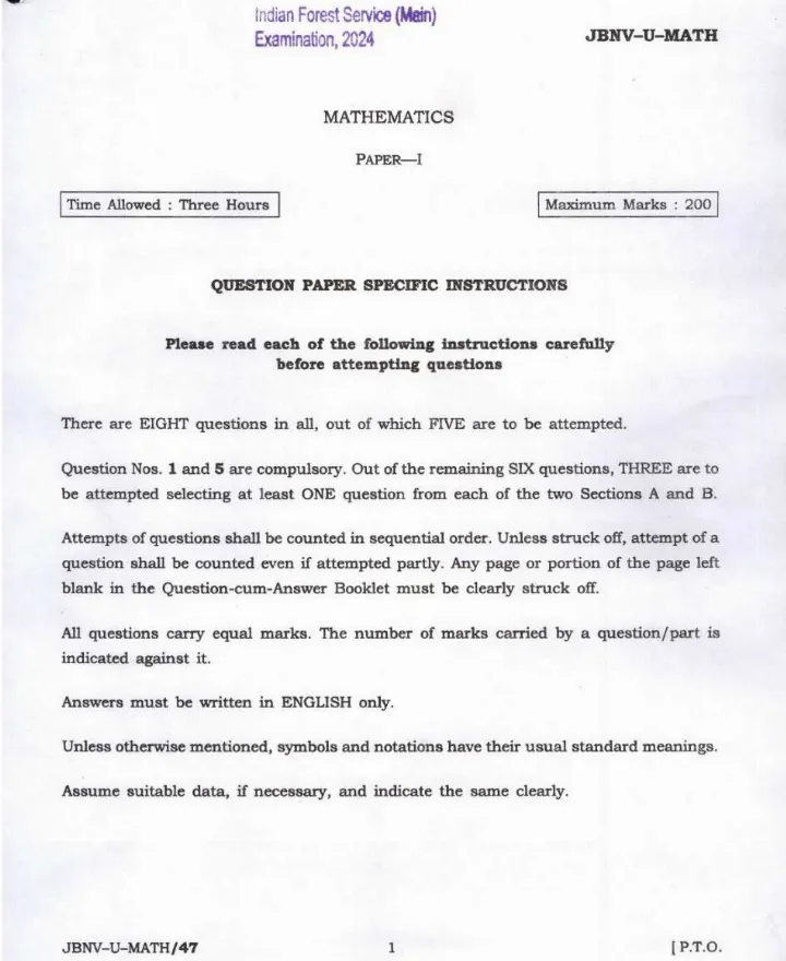 Indian Forest Service (Main) Examination 2024 Mathematics Paper I question paper page 1 instructions scan PDF download