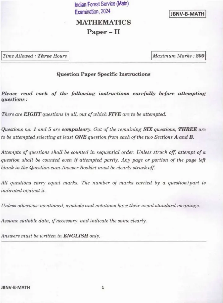 Indian Forest Service (Main) Examination 2024 Mathematics Paper II question paper page 1 instructions scan PDF download
