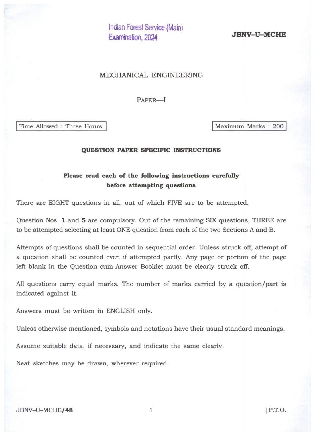 Indian Forest Service Main 2024 Mechanical Engineering Paper I question paper page 1 instructions scan PDF download UPSC