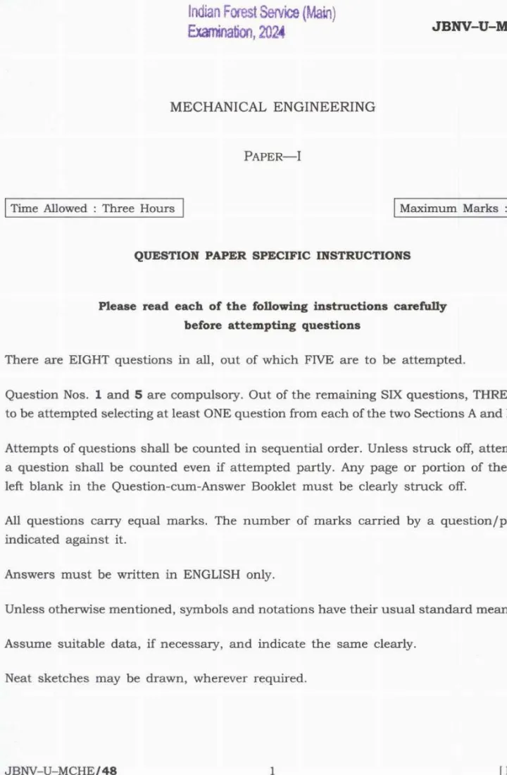 Indian Forest Service Main 2024 Mechanical Engineering Paper I question paper page 1 instructions scan PDF download UPSC