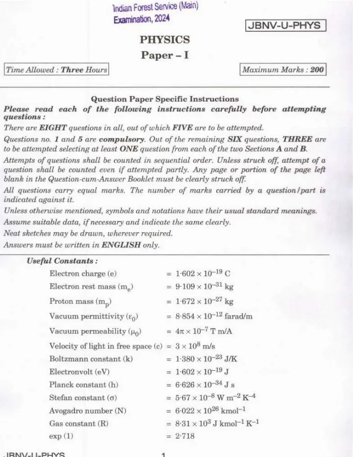 Indian Forest Service (Main) Examination 2024 Physics Paper I question paper page 1 instructions scan PDF download UPSC