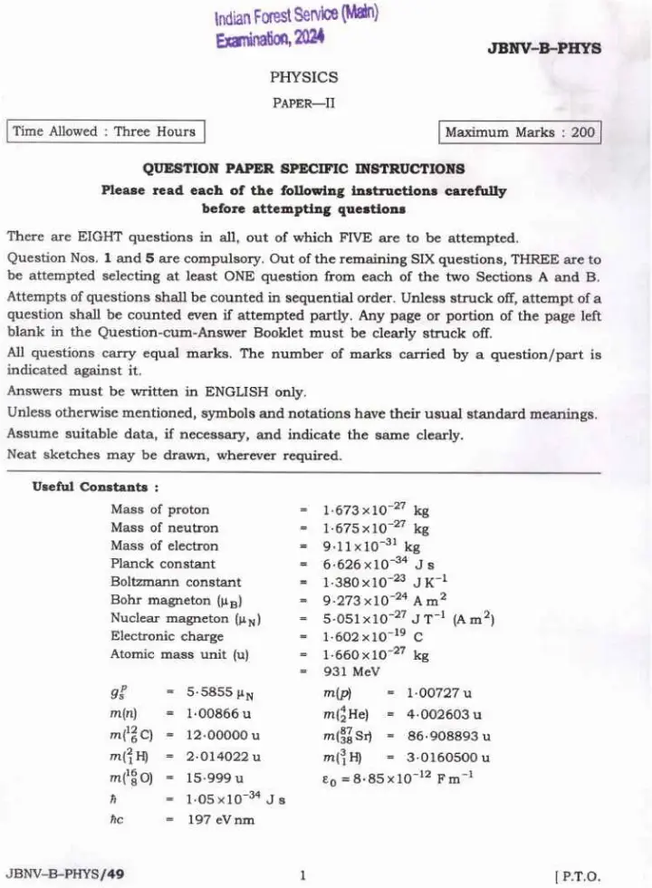 Indian Forest Service Main Examination 2024 Physics Paper II page 1 instructions scan PDF download UPSC