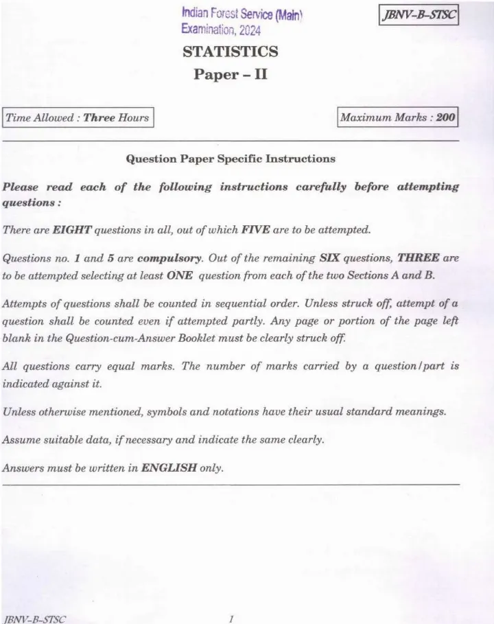 Indian Forest Service Main 2024 Statistics Paper II question paper page 1 instructions scan PDF download