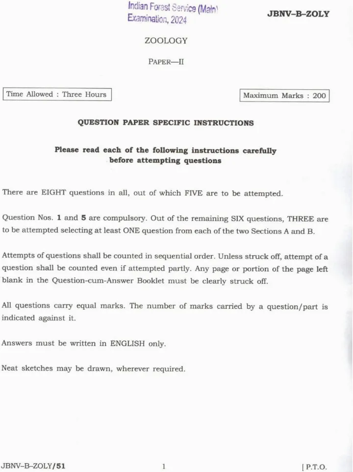 Indian Forest Service Main Examination 2024 Zoology Paper II page 1 scan showing important instructions for candidates. UPSC IFS Mains exam paper PDF.
