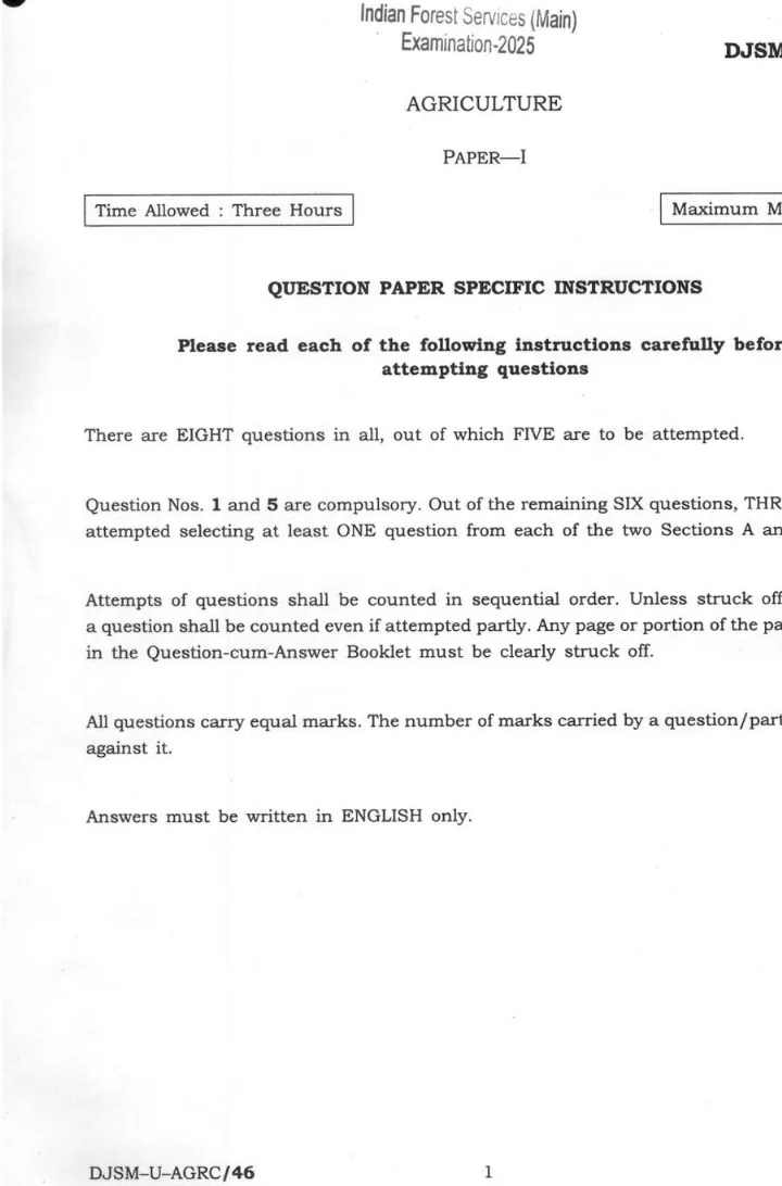 Indian Forest Service (Main) Examination 2025 Agriculture Paper I page 1 instructions scan PDF download UPSC