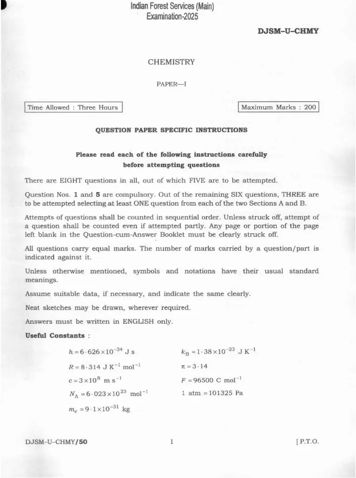 Indian Forest Service (Main) Examination 2025 Chemistry Paper I page 1 instructions and useful constants scan PDF download