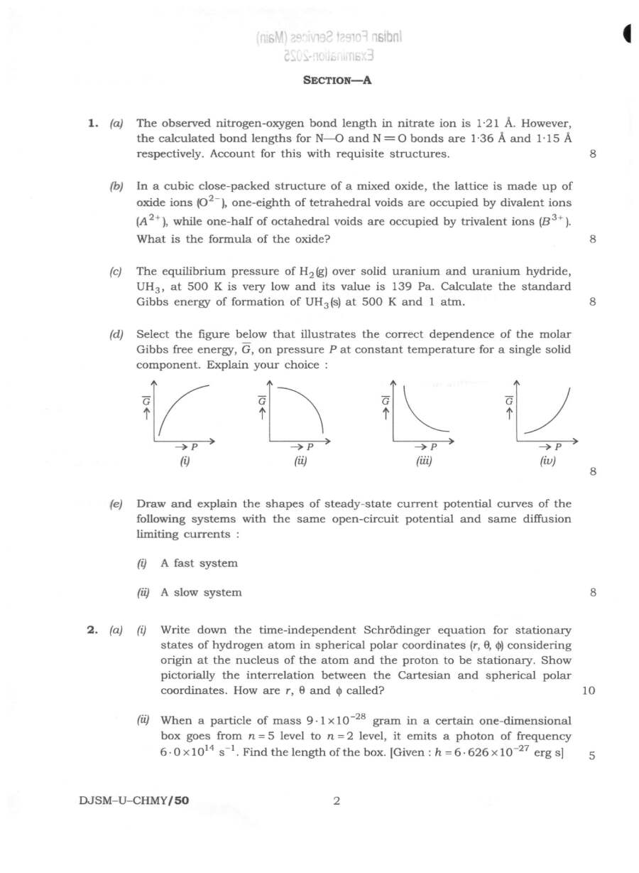 Indian Forest Service (Main) Examination 2025 Chemistry Paper I page 1 instructions and useful constants scan PDF download