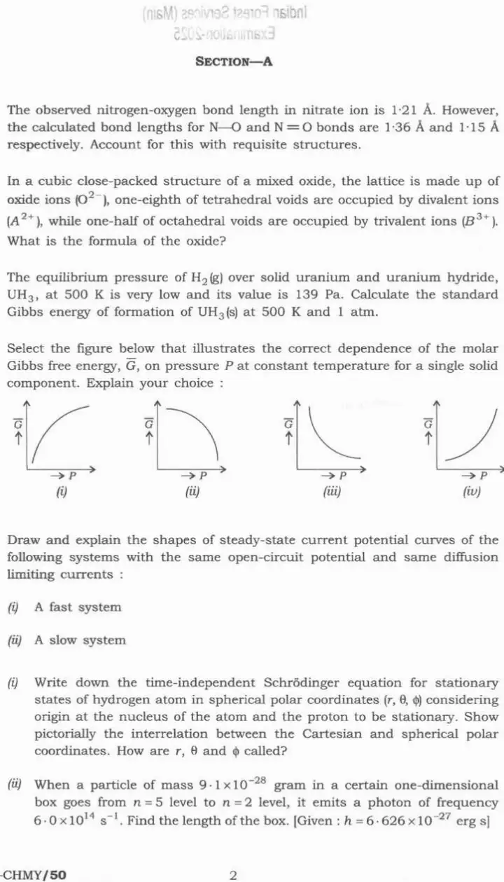 Indian Forest Service (Main) Examination 2025 Chemistry Paper I page 1 instructions and useful constants scan PDF download