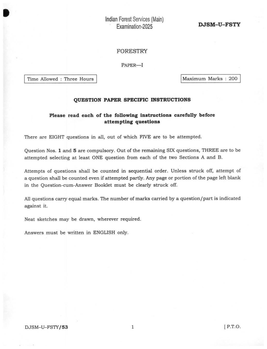 Indian Forest Service Main 2025 Forestry Paper I question paper page 1 instructions scan PDF download UPSC