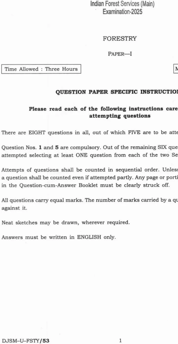 Indian Forest Service Main 2025 Forestry Paper I question paper page 1 instructions scan PDF download UPSC