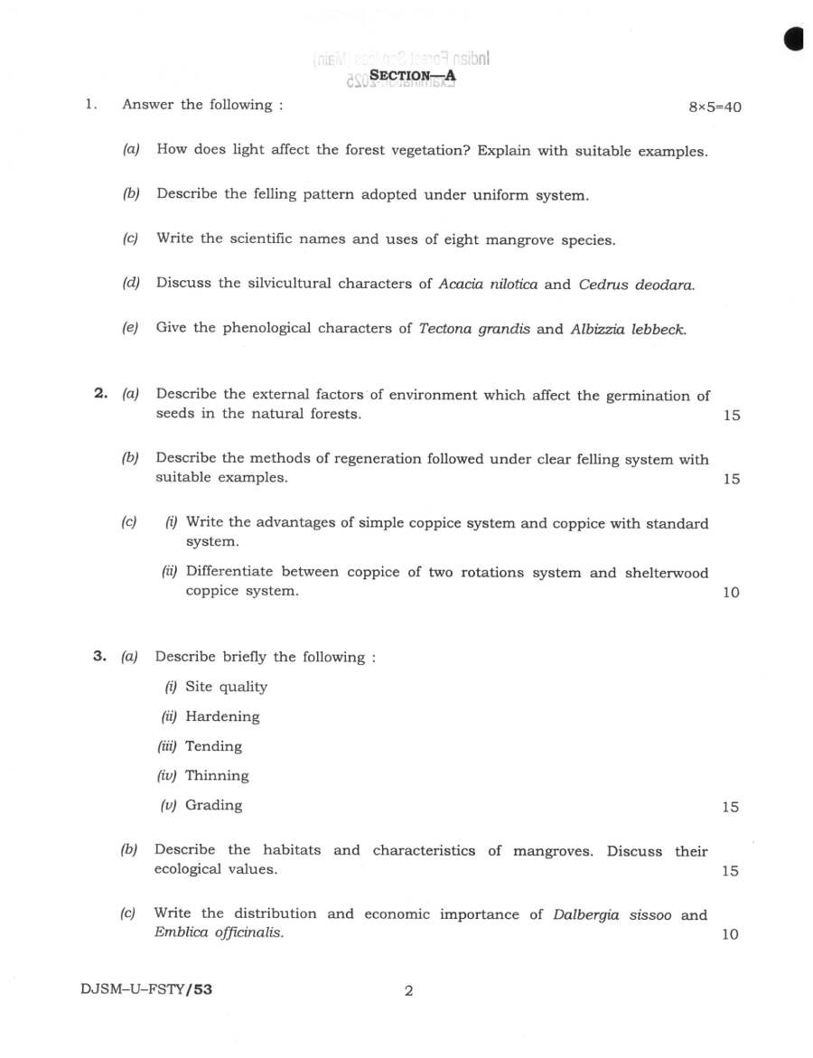 Indian Forest Service Main 2025 Forestry Paper I question paper page 1 instructions scan PDF download UPSC
