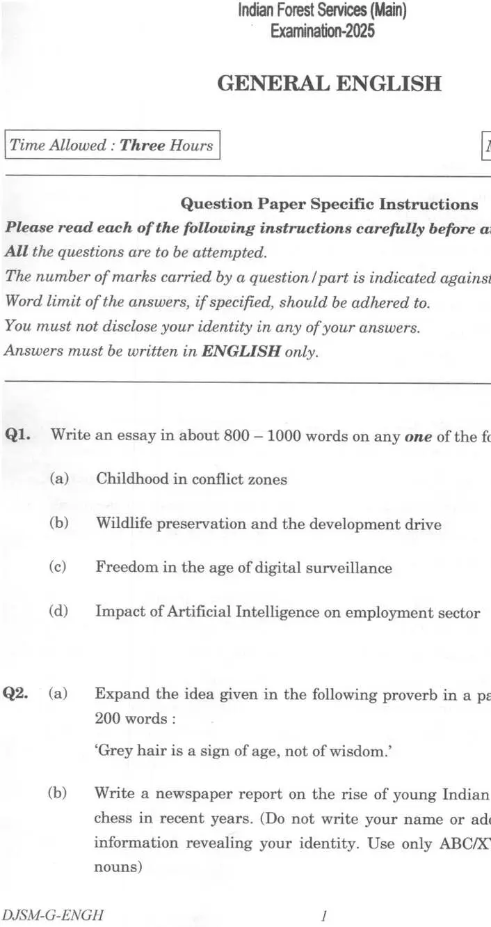 Indian Forest Service (Main) Examination 2025 General English question paper page 1 instructions scan PDF download UPSC IFS Main