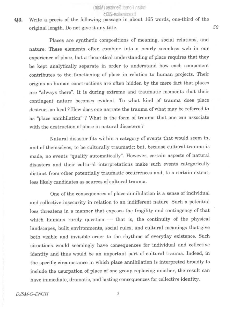 Indian Forest Service (Main) Examination 2025 General English question paper page 1 instructions scan PDF download UPSC IFS Main