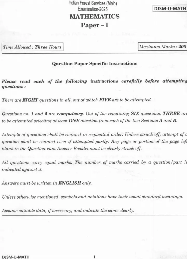Indian Forest Service Main 2025 Mathematics Paper I question paper page 1 instructions scan PDF download UPSC