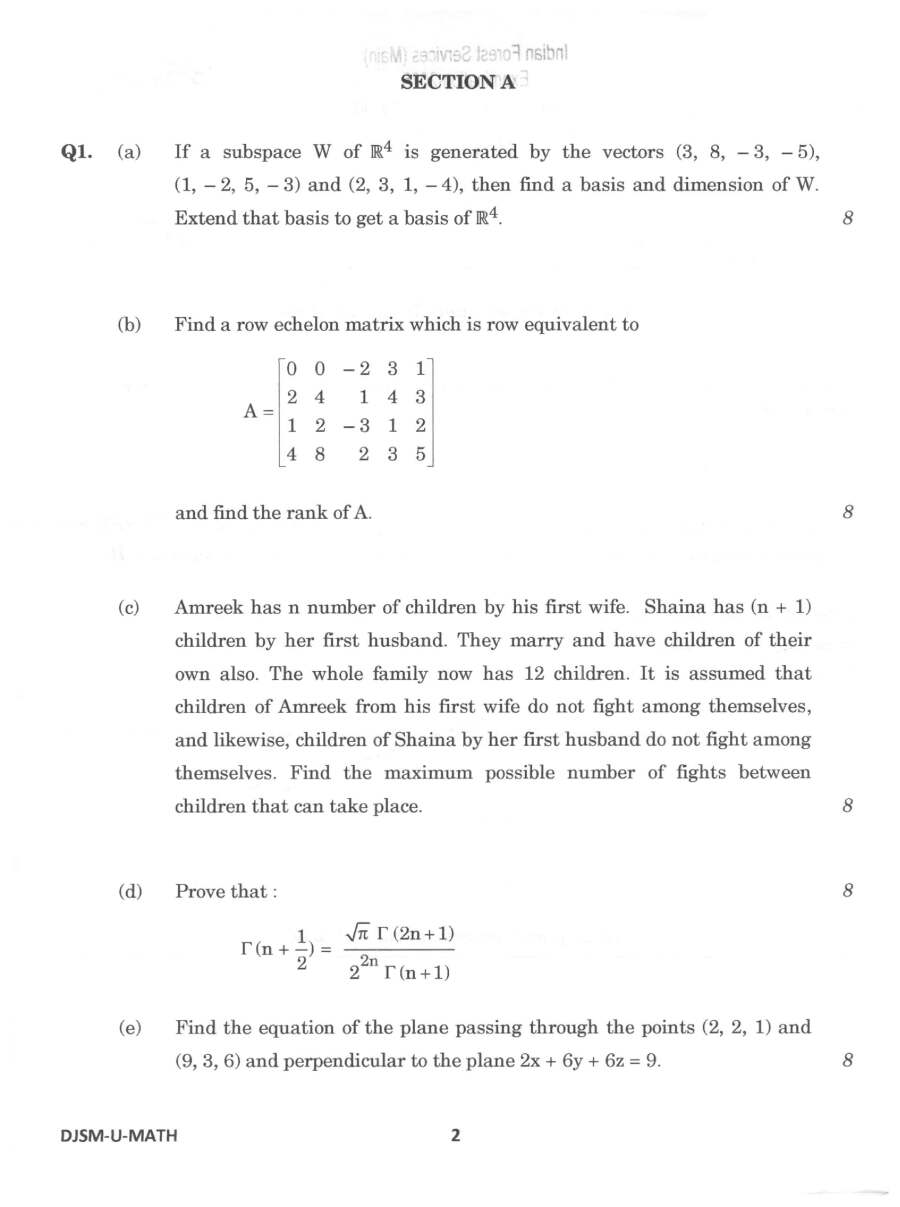 Indian Forest Service Main 2025 Mathematics Paper I question paper page 1 instructions scan PDF download UPSC