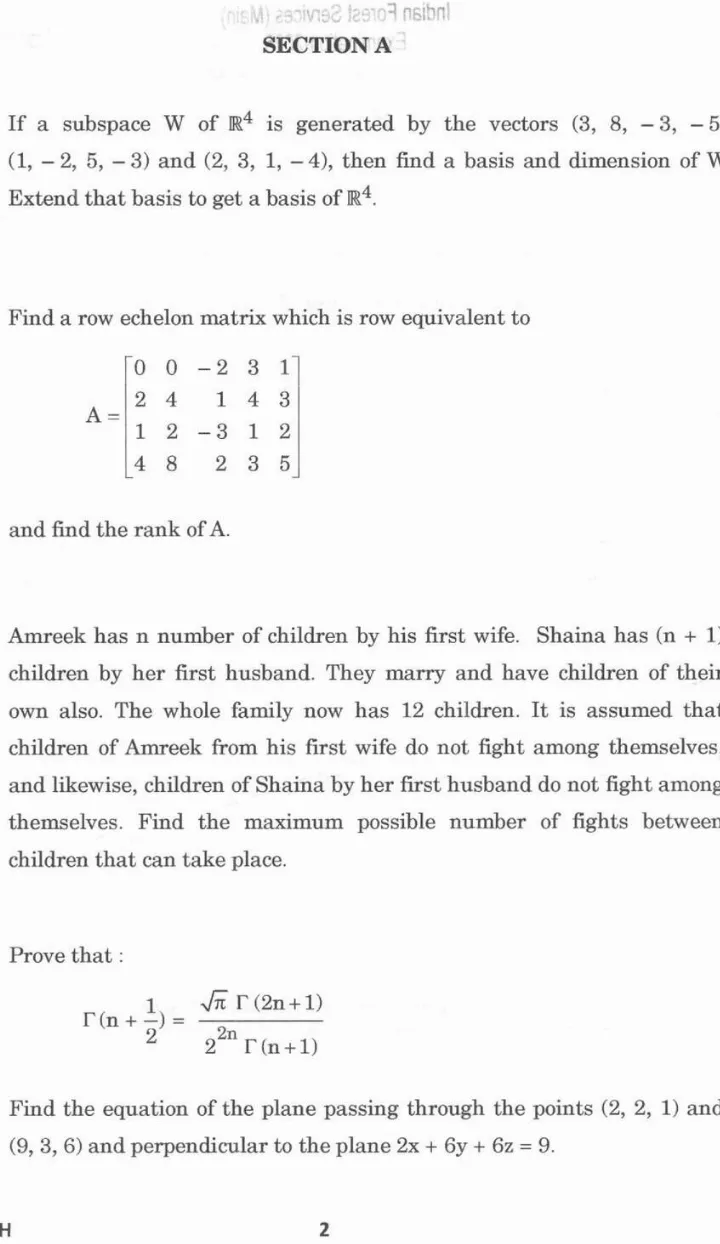 Indian Forest Service Main 2025 Mathematics Paper I question paper page 1 instructions scan PDF download UPSC